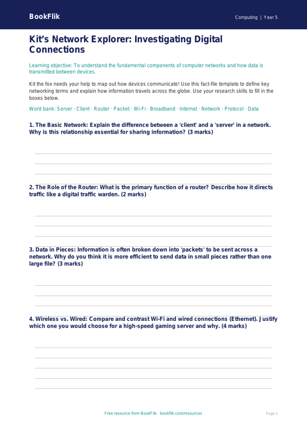 Free Networks Template | Year 5 Greater Depth | BookFlik worksheet preview — Computing Networks