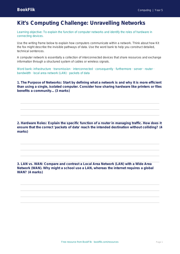 Free Networks Writing Frame | Year 5 Greater Depth | BookFlik worksheet preview — Computing Networks