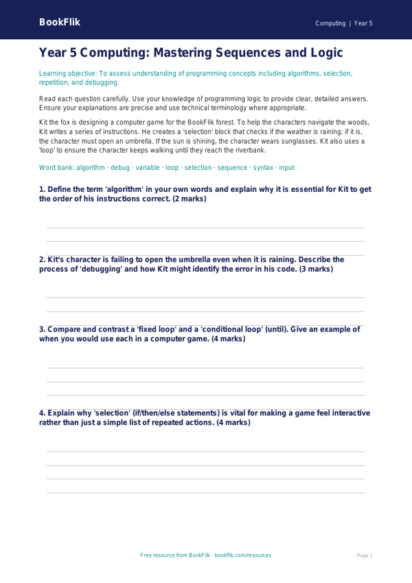 Free Programming Assessment | Year 5 Greater Depth | BookFlik worksheet preview — Computing Programming