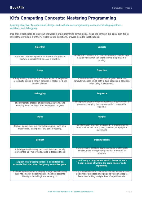 Free Programming Flashcards | Year 5 Greater Depth | BookFlik worksheet preview — Computing Programming