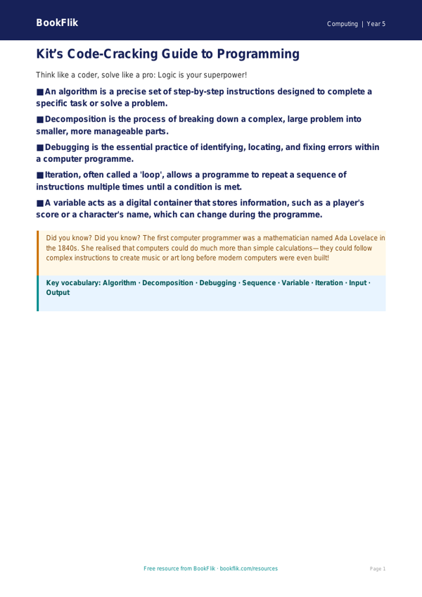 Free Programming Poster | Year 5 Greater Depth | BookFlik worksheet preview — Computing Programming