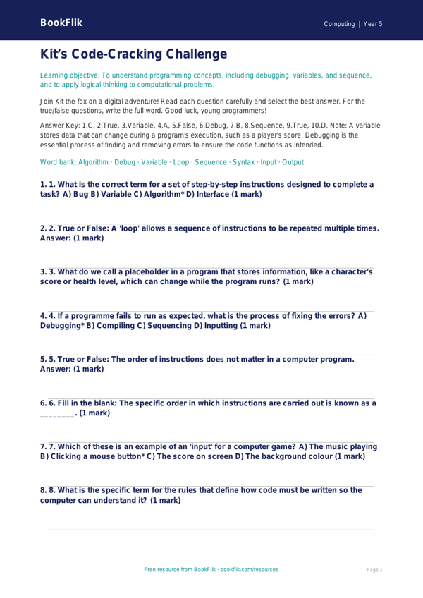 Free Programming Quiz | Year 5 Greater Depth | BookFlik worksheet preview — Computing Programming