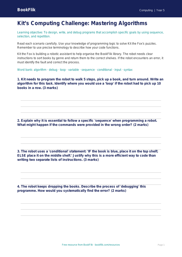 Free Programming Worksheet | Year 5 Greater Depth | BookFlik worksheet preview — Computing Programming