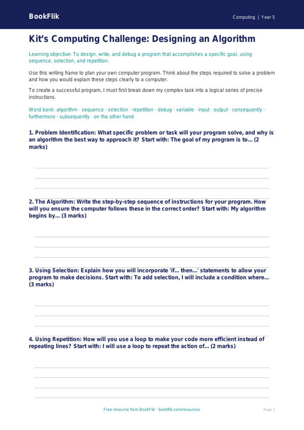 Free Programming Writing Frame | Year 5 Greater Depth | BookFlik worksheet preview — Computing Programming