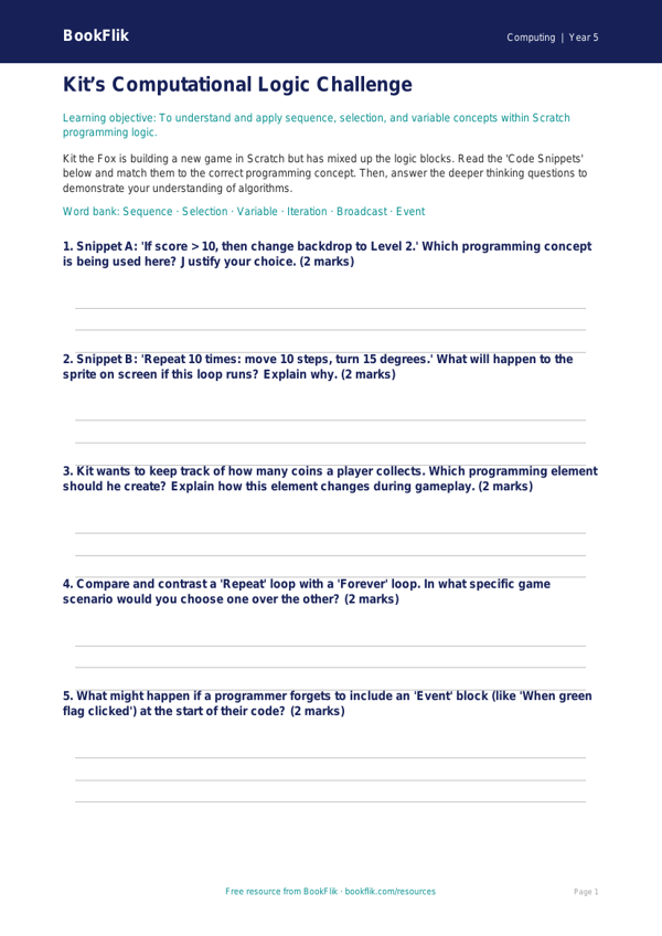 Free Scratch Activity Sheet | Year 5 Greater Depth | BookFlik worksheet preview — Computing Scratch