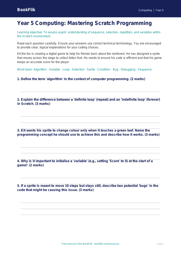 Free Scratch Assessment | Year 5 Greater Depth | BookFlik worksheet preview — Computing Scratch