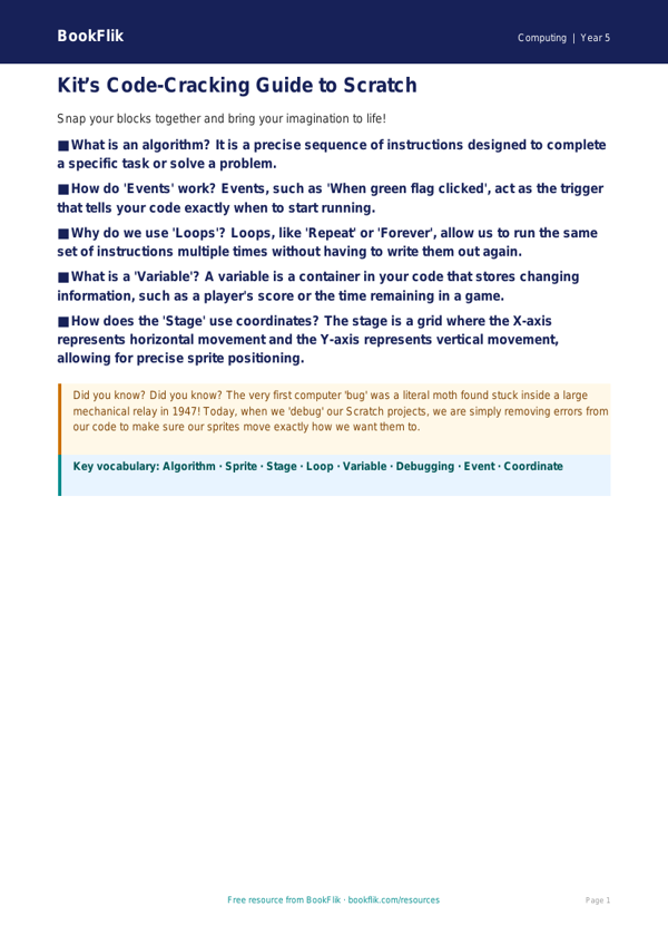 Free Scratch Poster | Year 5 Greater Depth | BookFlik worksheet preview — Computing Scratch