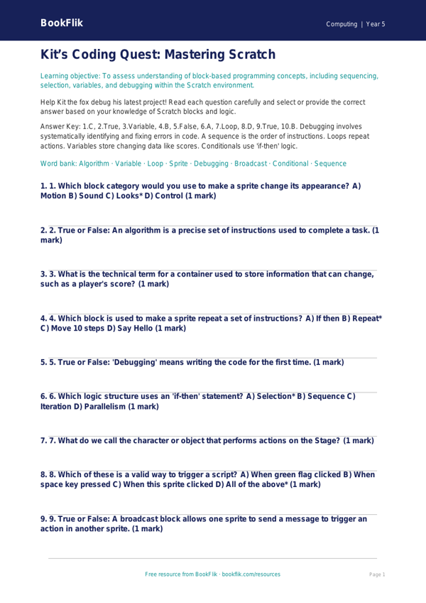 Free Scratch Quiz | Year 5 Greater Depth | BookFlik worksheet preview — Computing Scratch