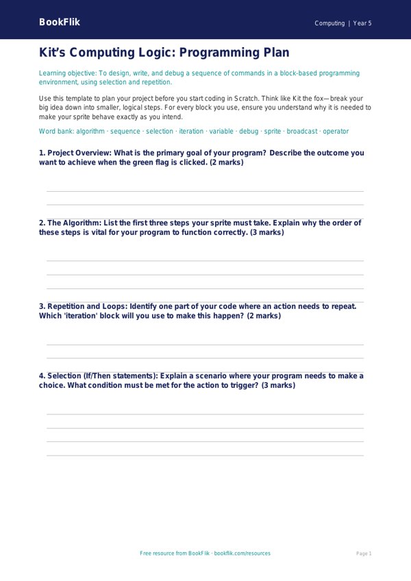 Free Scratch Template | Year 5 Greater Depth | BookFlik worksheet preview — Computing Scratch
