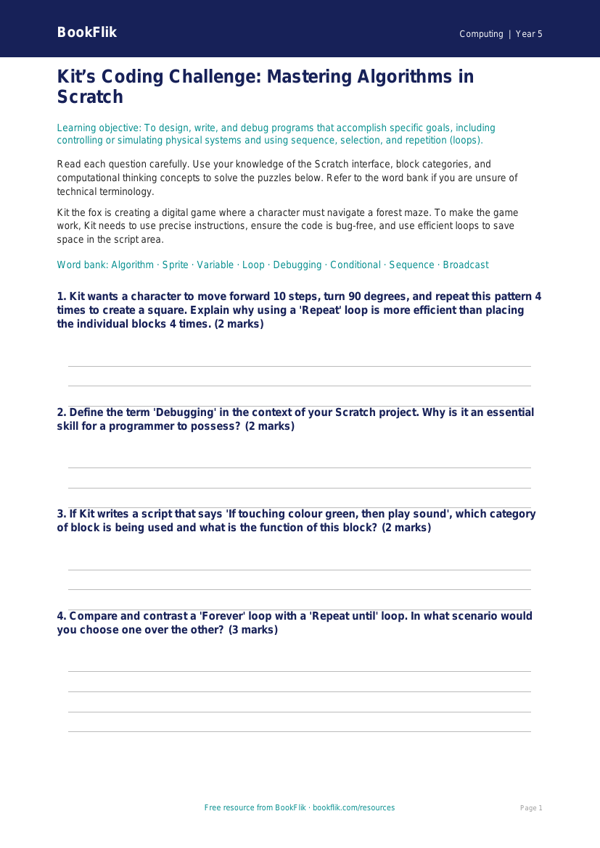 Free Scratch Worksheet | Year 5 Greater Depth | BookFlik worksheet preview — Computing Scratch