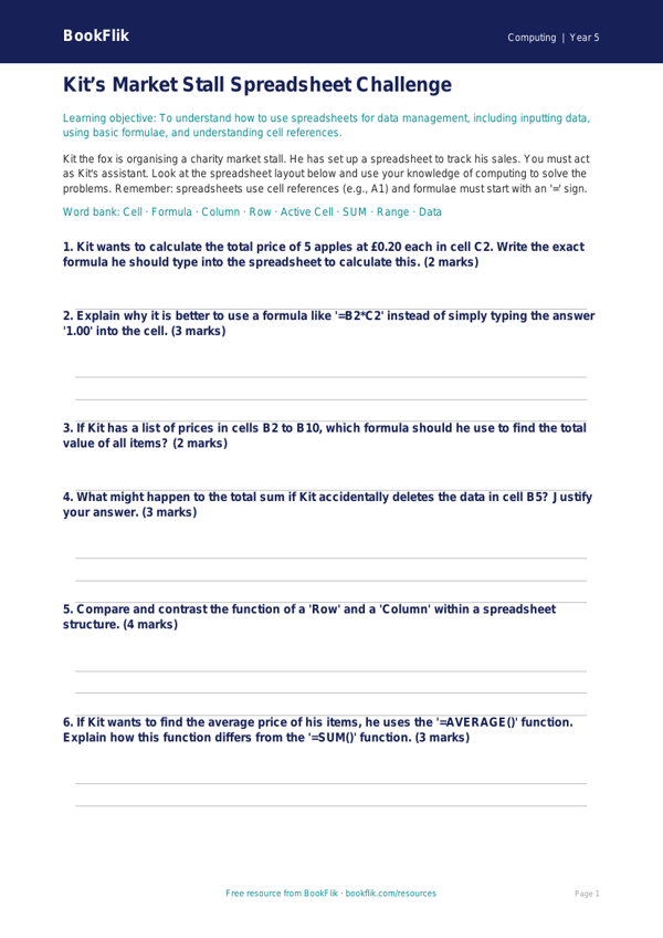 Free Spreadsheets Activity Sheet | Year 5 Greater Depth | BookFlik worksheet preview — Computing Spreadsheets