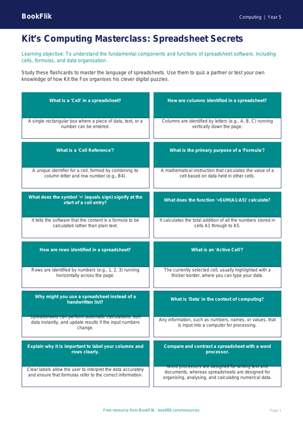 Free Spreadsheets Flashcards | Year 5 Greater Depth | BookFlik worksheet preview — Computing Spreadsheets