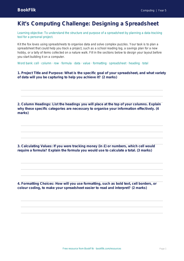 Free Spreadsheets Template | Year 5 Greater Depth | BookFlik worksheet preview — Computing Spreadsheets