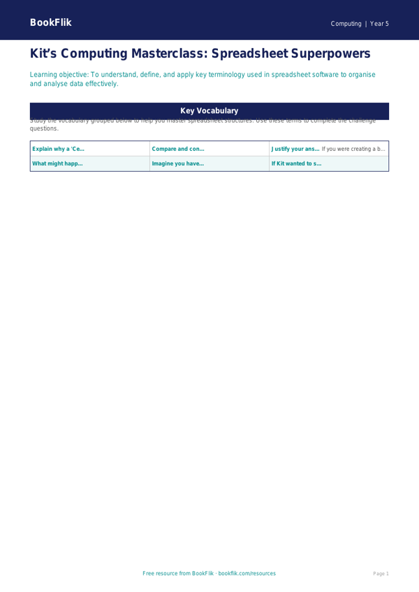 Free Spreadsheets Word Mat | Year 5 Greater Depth | BookFlik worksheet preview — Computing Spreadsheets