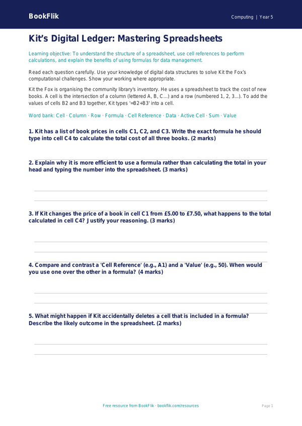 Free Spreadsheets Worksheet | Year 5 Greater Depth | BookFlik worksheet preview — Computing Spreadsheets