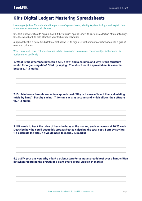 Free Spreadsheets Writing Frame | Year 5 Greater Depth | BookFlik worksheet preview — Computing Spreadsheets