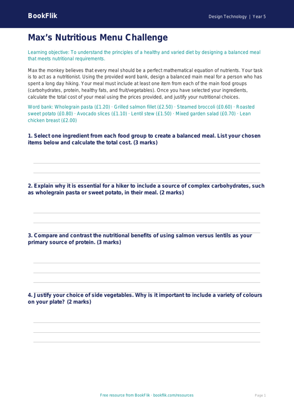 Free Cooking Nutrition Activity Sheet | Year 5 Greater Depth | BookFlik worksheet preview — Design-Technology Cooking Nutrition