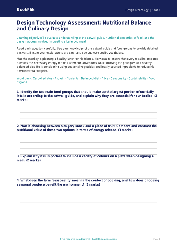 Free Cooking Nutrition Assessment | Year 5 Greater Depth | BookFlik worksheet preview — Design-Technology Cooking Nutrition