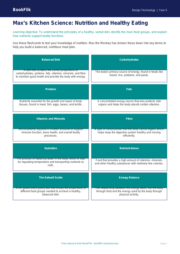 Free Cooking Nutrition Flashcards | Year 5 Greater Depth | BookFlik worksheet preview — Design-Technology Cooking Nutrition