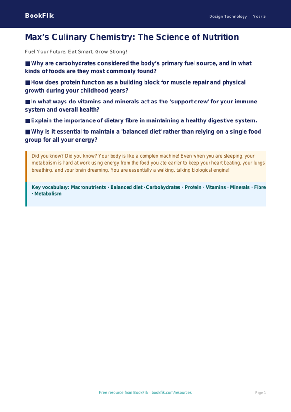 Free Cooking Nutrition Poster | Year 5 Greater Depth | BookFlik worksheet preview — Design-Technology Cooking Nutrition