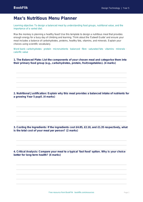Free Cooking Nutrition Template | Year 5 Greater Depth | BookFlik worksheet preview — Design-Technology Cooking Nutrition