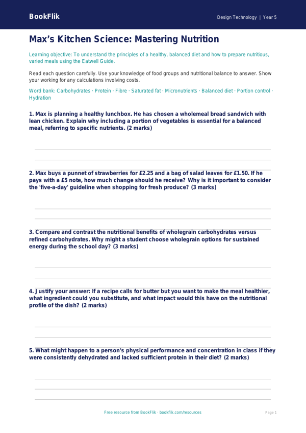 Free Cooking Nutrition Worksheet | Year 5 Greater Depth | BookFlik worksheet preview — Design-Technology Cooking Nutrition