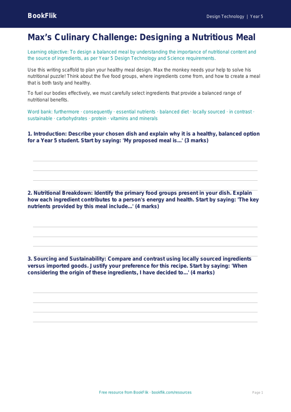 Free Cooking Nutrition Writing Frame | Year 5 Greater Depth | BookFlik worksheet preview — Design-Technology Cooking Nutrition