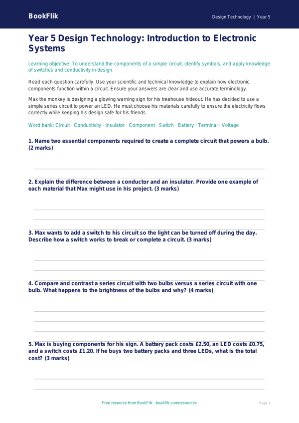 Free Electronics Assessment | Year 5 Greater Depth | BookFlik worksheet preview — Design-Technology Electronics