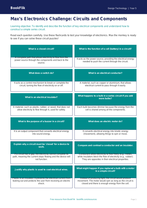 Free Electronics Flashcards | Year 5 Greater Depth | BookFlik worksheet preview — Design-Technology Electronics