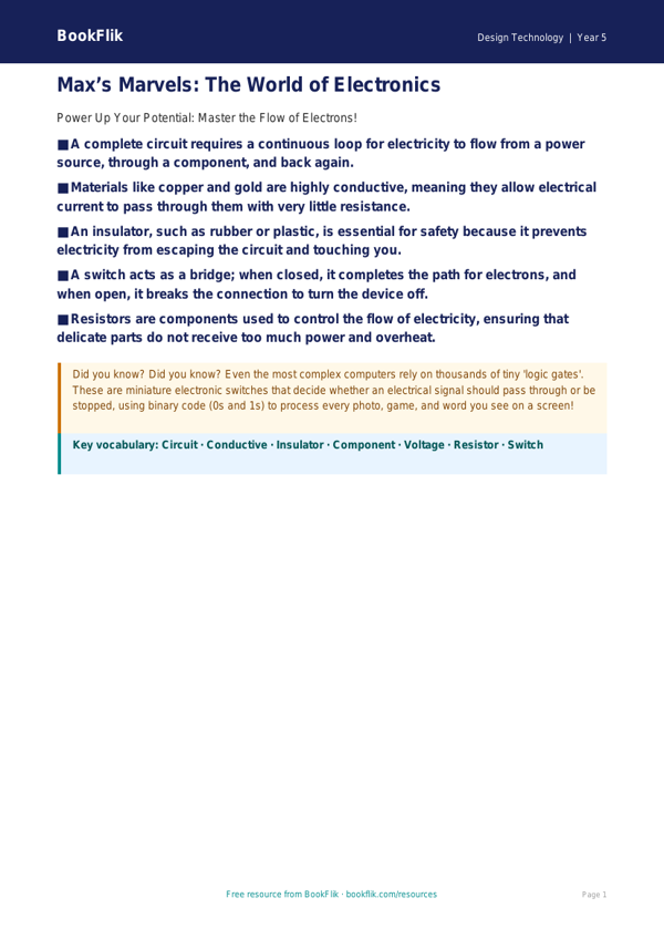 Free Electronics Poster | Year 5 Greater Depth | BookFlik worksheet preview — Design-Technology Electronics