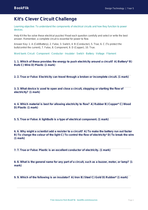 Free Electronics Quiz | Year 5 Greater Depth | BookFlik worksheet preview — Design-Technology Electronics