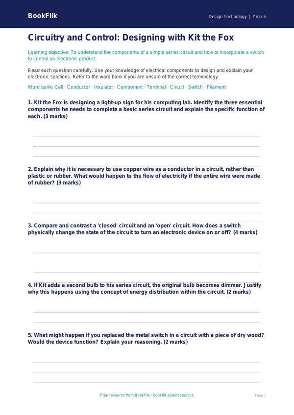 Free Electronics Worksheet | Year 5 Greater Depth | BookFlik worksheet preview — Design-Technology Electronics