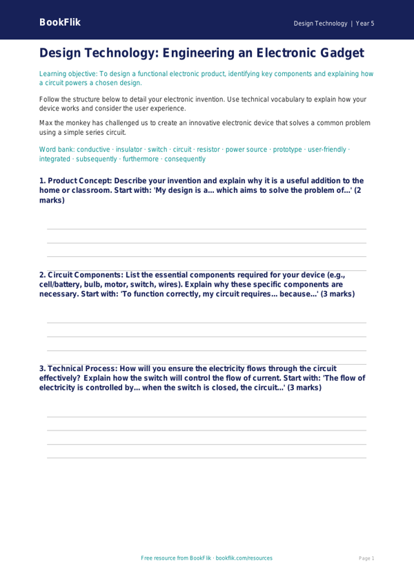 Free Electronics Writing Frame | Year 5 Greater Depth | BookFlik worksheet preview — Design-Technology Electronics
