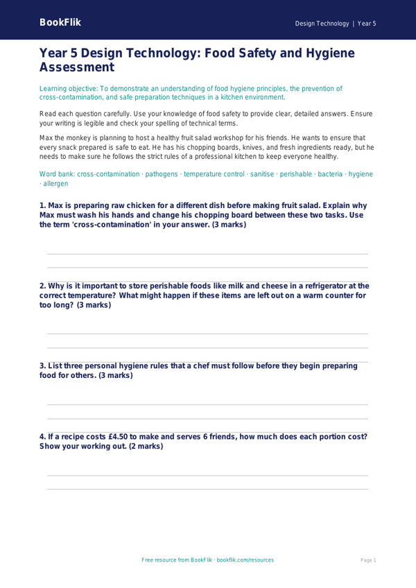 Free Food Hygiene Assessment | Year 5 Greater Depth | BookFlik worksheet preview — Design-Technology Food Hygiene