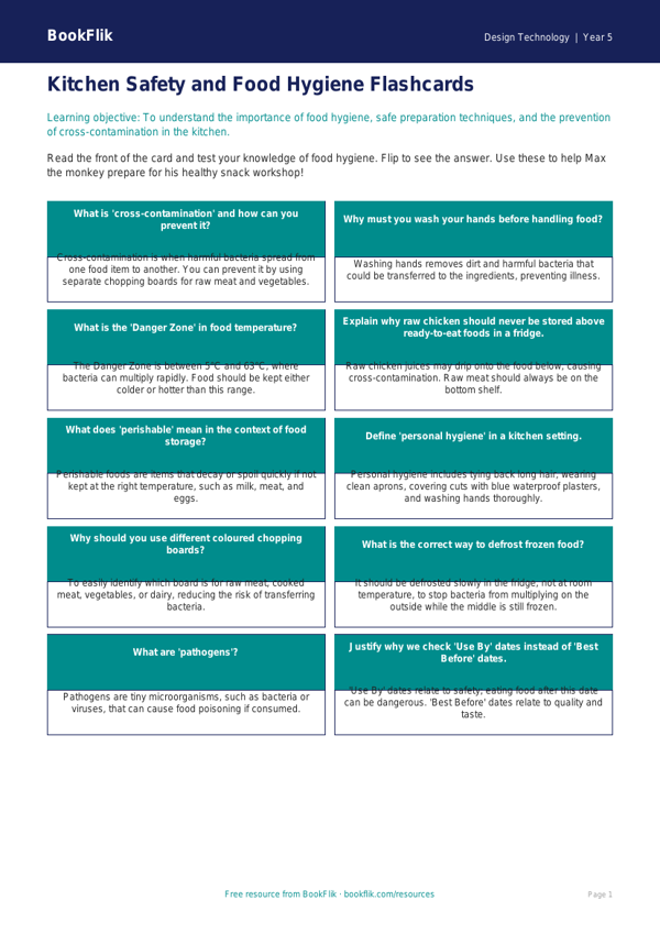 Free Food Hygiene Flashcards | Year 5 Greater Depth | BookFlik worksheet preview — Design-Technology Food Hygiene