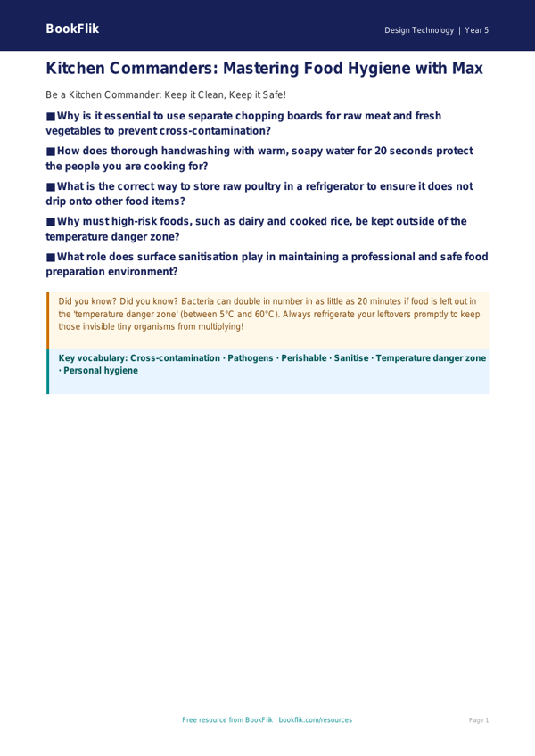 Free Food Hygiene Poster | Year 5 Greater Depth | BookFlik worksheet preview — Design-Technology Food Hygiene