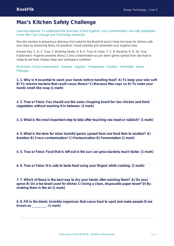 Free Food Hygiene Quiz | Year 5 Greater Depth | BookFlik worksheet preview — Design-Technology Food Hygiene