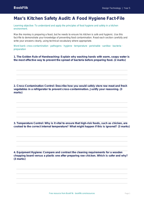 Free Food Hygiene Template | Year 5 Greater Depth | BookFlik worksheet preview — Design-Technology Food Hygiene