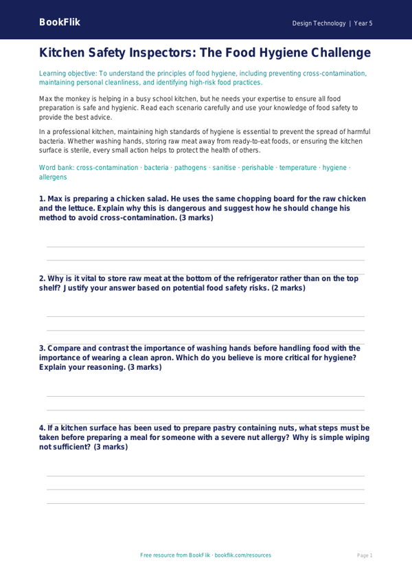 Free Food Hygiene Worksheet | Year 5 Greater Depth | BookFlik worksheet preview — Design-Technology Food Hygiene