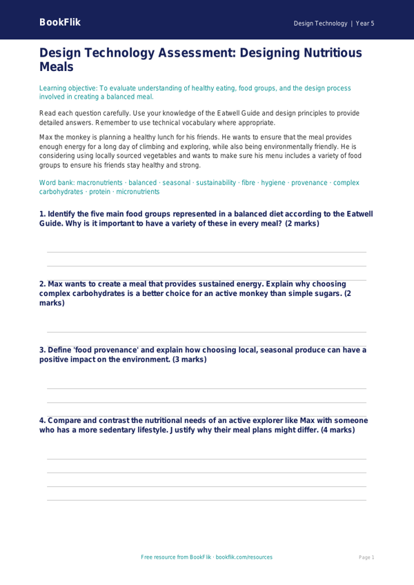 Free Healthy Meals Assessment | Year 5 Greater Depth | BookFlik worksheet preview — Design-Technology Healthy Meals