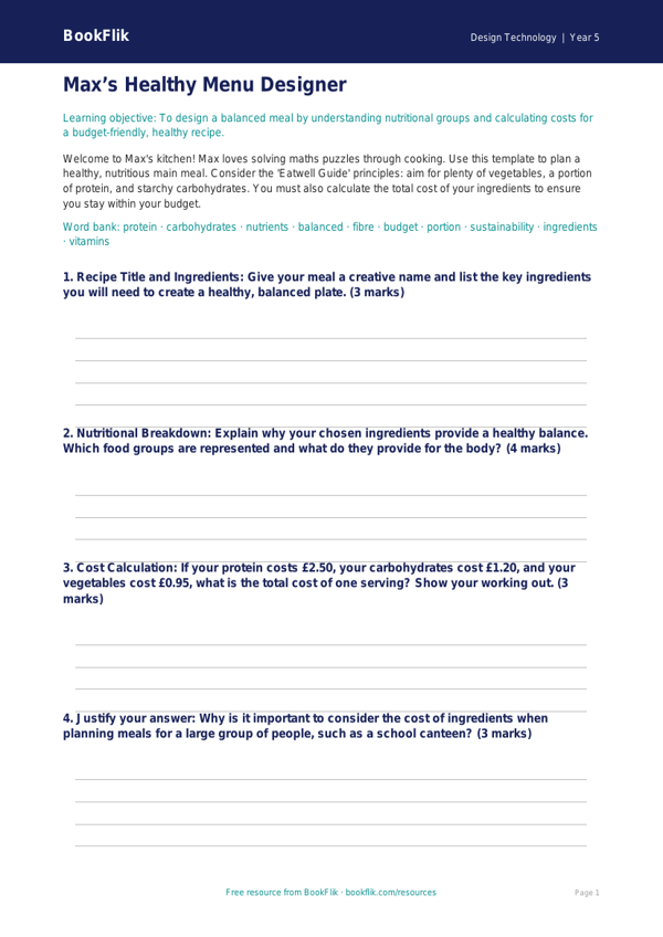 Free Healthy Meals Template | Year 5 Greater Depth | BookFlik worksheet preview — Design-Technology Healthy Meals