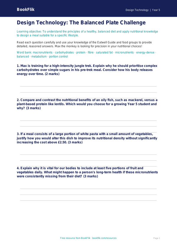Free Healthy Meals Worksheet | Year 5 Greater Depth | BookFlik worksheet preview — Design-Technology Healthy Meals