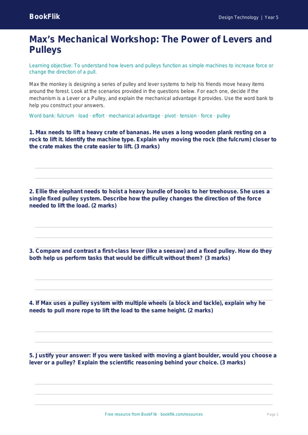 Free Levers And Pulleys Activity Sheet | Year 5 Greater Depth | BookFlik worksheet preview — Design-Technology Levers And Pulleys