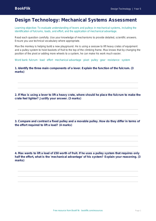Free Levers And Pulleys Assessment | Year 5 Greater Depth | BookFlik worksheet preview — Design-Technology Levers And Pulleys