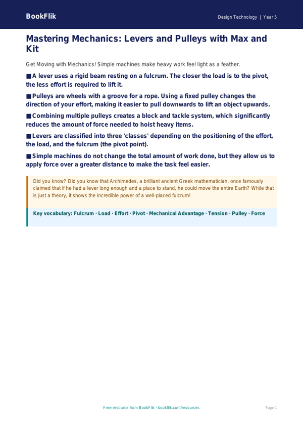 Free Levers And Pulleys Poster | Year 5 Greater Depth | BookFlik worksheet preview — Design-Technology Levers And Pulleys