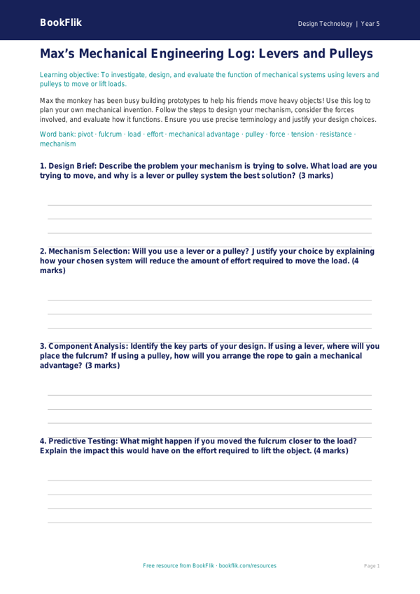 Free Levers And Pulleys Template | Year 5 Greater Depth | BookFlik worksheet preview — Design-Technology Levers And Pulleys