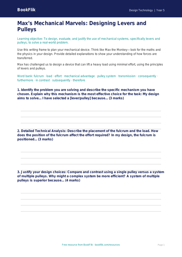 Free Levers And Pulleys Writing Frame | Year 5 Greater Depth | BookFlik worksheet preview — Design-Technology Levers And Pulleys
