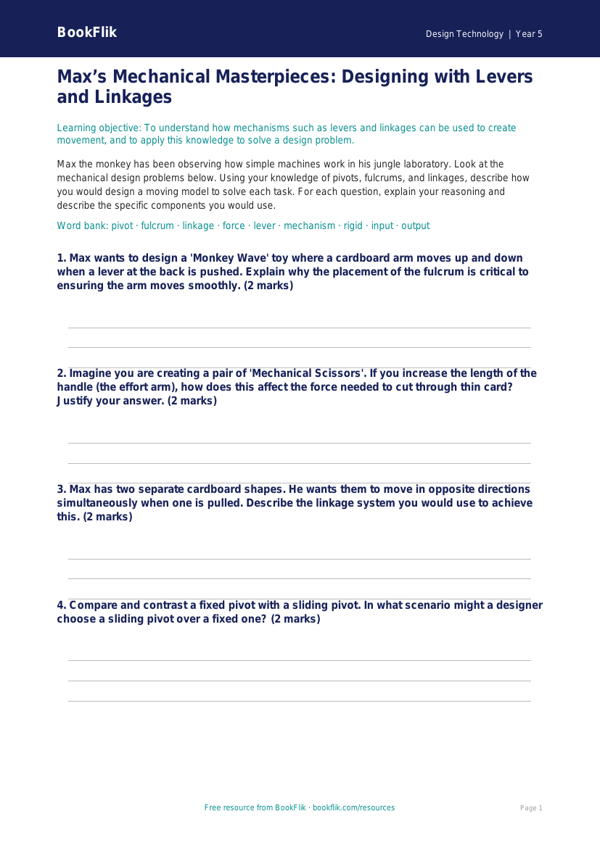 Free Mechanisms Activity Sheet | Year 5 Greater Depth | BookFlik worksheet preview — Design-Technology Mechanisms