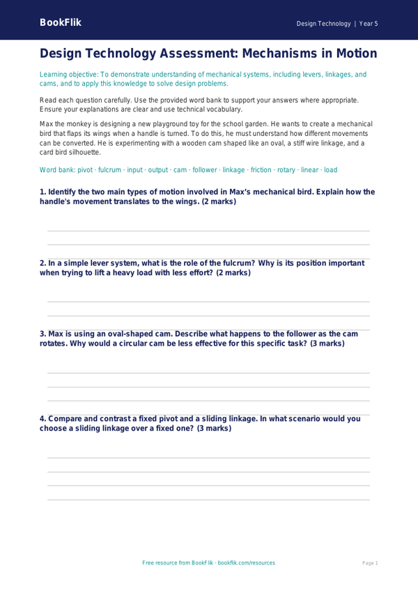 Free Mechanisms Assessment | Year 5 Greater Depth | BookFlik worksheet preview — Design-Technology Mechanisms
