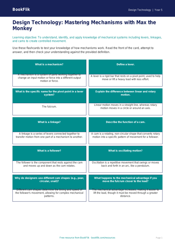 Free Mechanisms Flashcards | Year 5 Greater Depth | BookFlik worksheet preview — Design-Technology Mechanisms